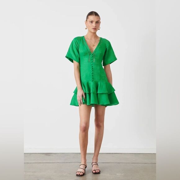 Joslin Gwen Emerald Green Linen Poplin Mini Dress, Size 2 - Picture 1 of 16